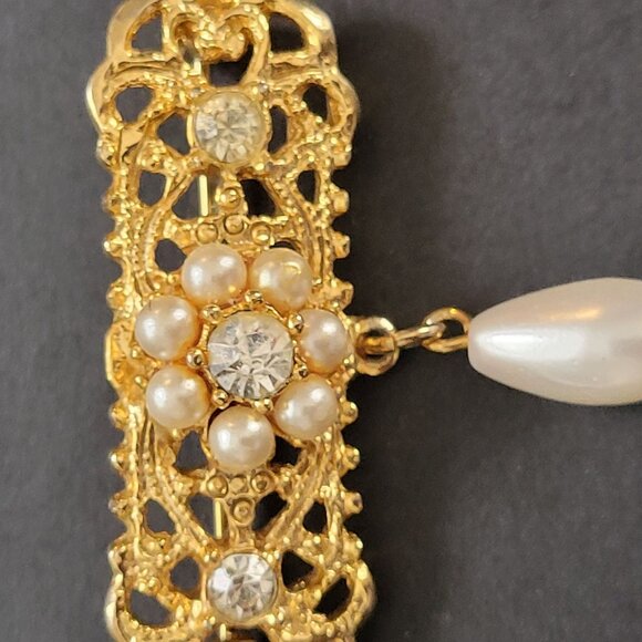 Vintage Gold-Tone Filigree Brooch With Faux Pearls & Rhinestones Drop Pendant - Picture 2 of 5